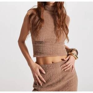 NEW THEO THE LABEL carme plush lace sleeveless mockneck top in cappuccino